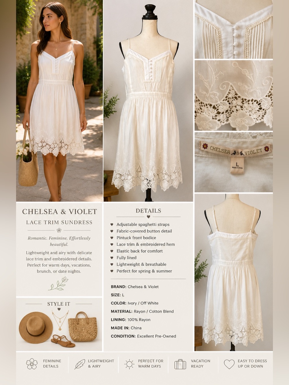 Chelsea & Violet White Boho Lace Embroidered Cami Dress Large Midi Lined